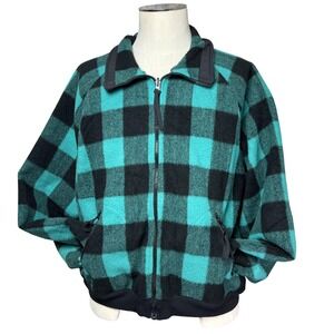 Vintage Columbia Jacket Mens XL Teal Black Fleece Zip Buffalo Plaid Made USA 90s